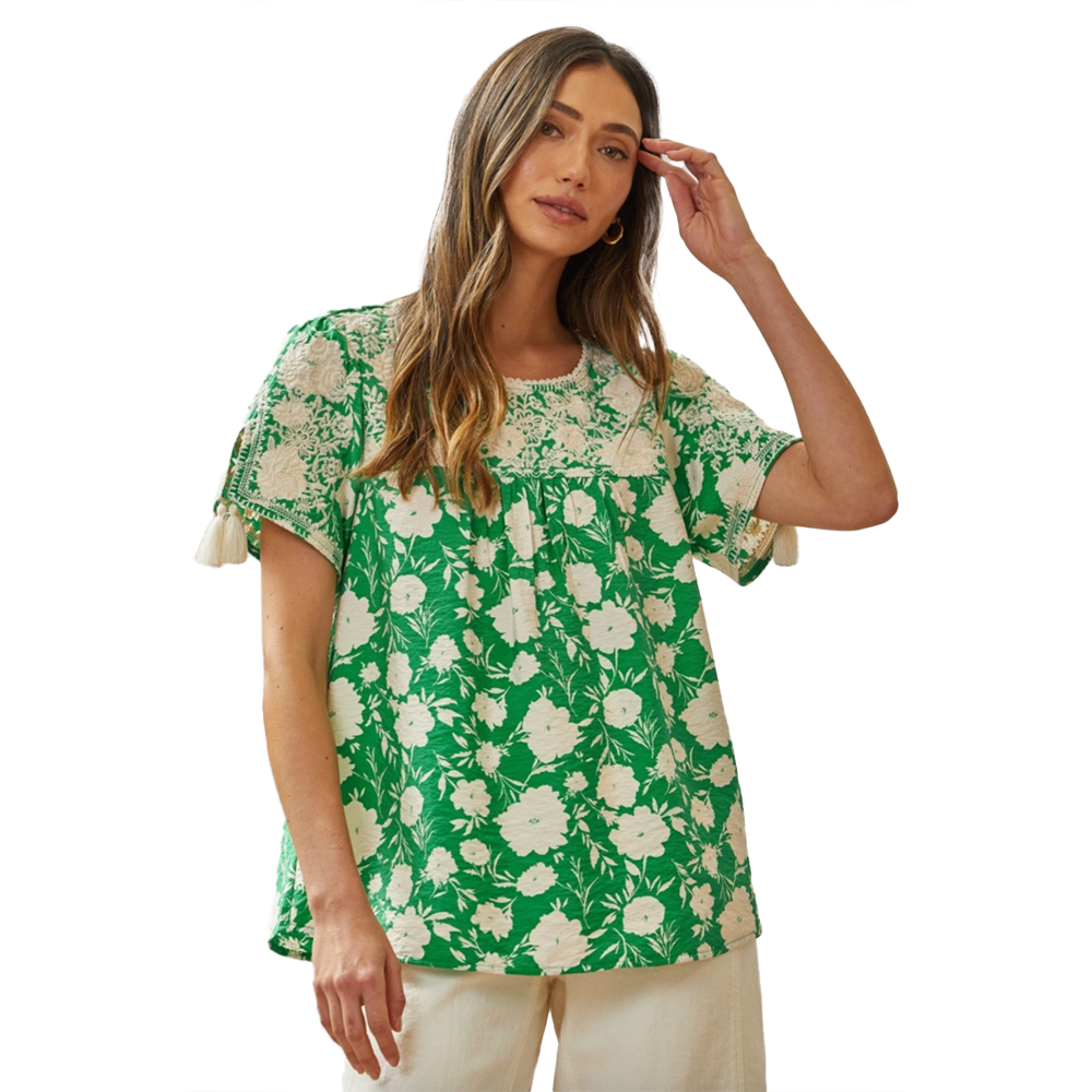 Kelly Green & Ivory Floral Embroidery Top
