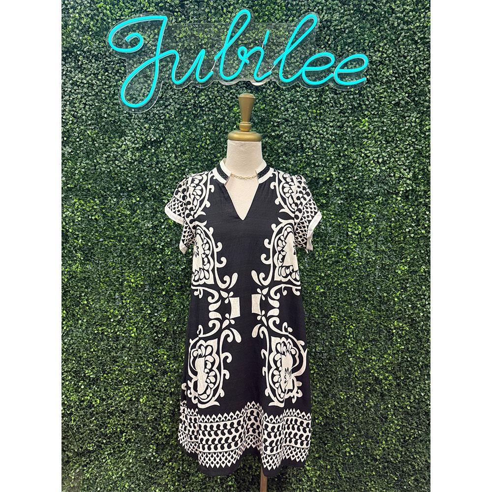 Jillian Black Printed V-Neck Mini Dress