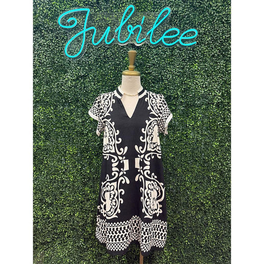Jillian Black Printed V-Neck Mini Dress