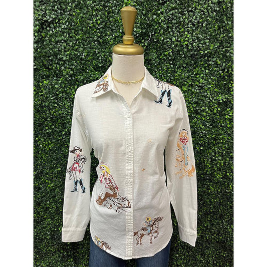 Embroidered Western Cowgirl Button Up Linen Shirt