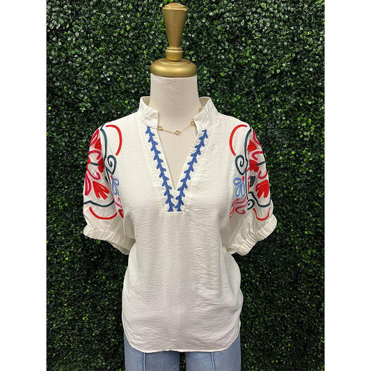 Sandra Cream Multicolor Embroidered Split Neck Top