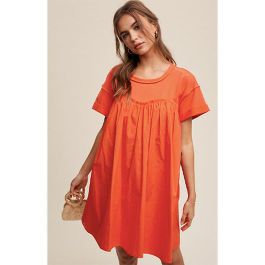 Orange Coral Romantic Flowy T-shirt Contrast Dress