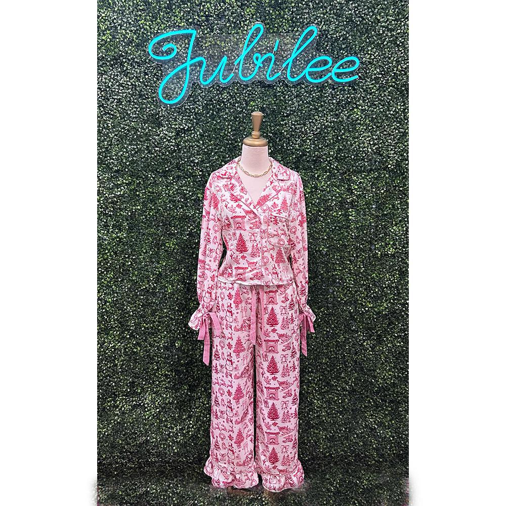 Christmas Printed Gingham Tie Pajama Set