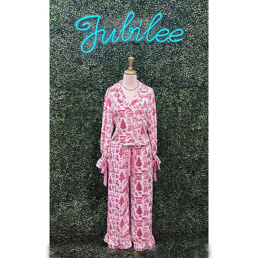 Christmas Printed Gingham Tie Pajama Set