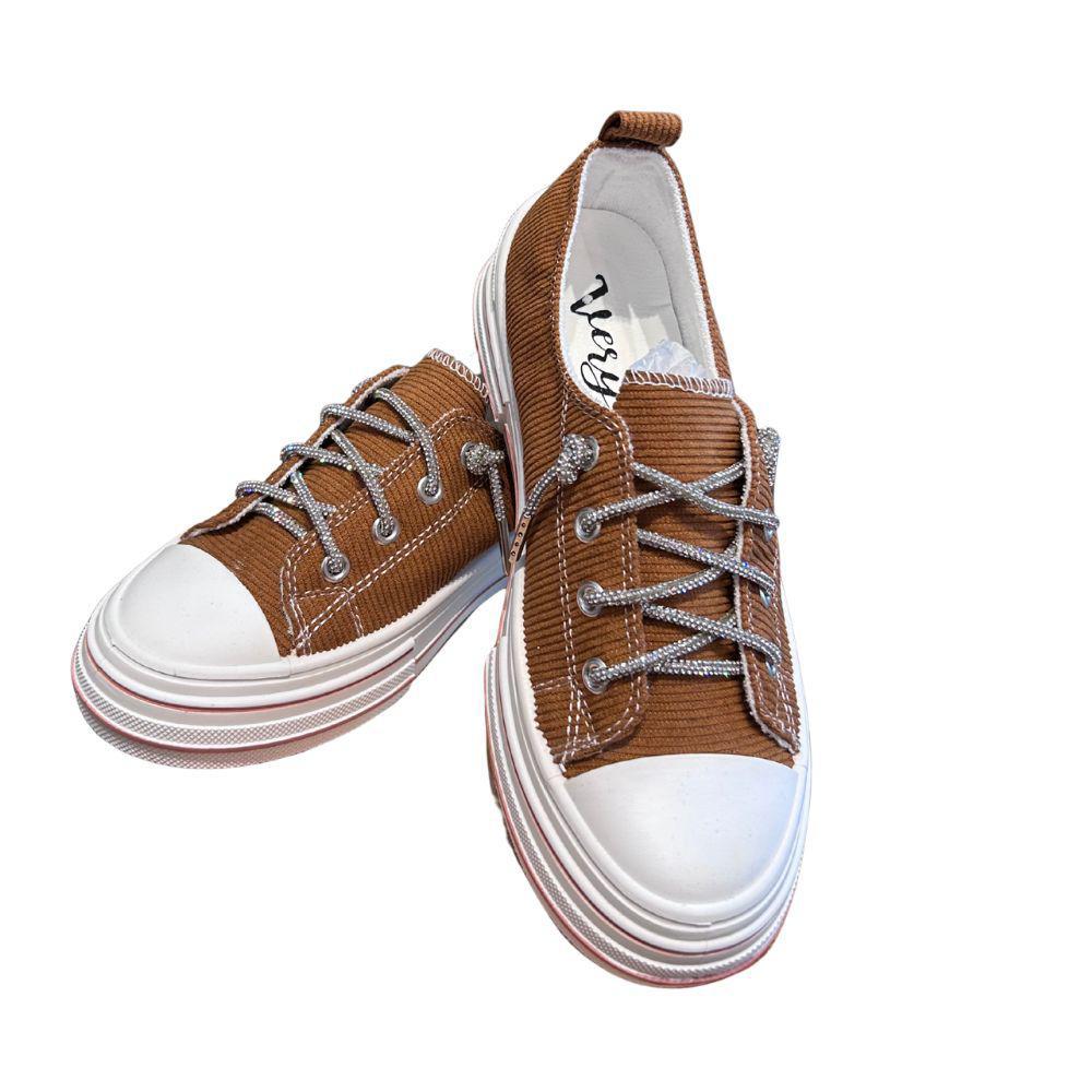 Tan Rose Corduroy Lace Up Canvas Sneaker