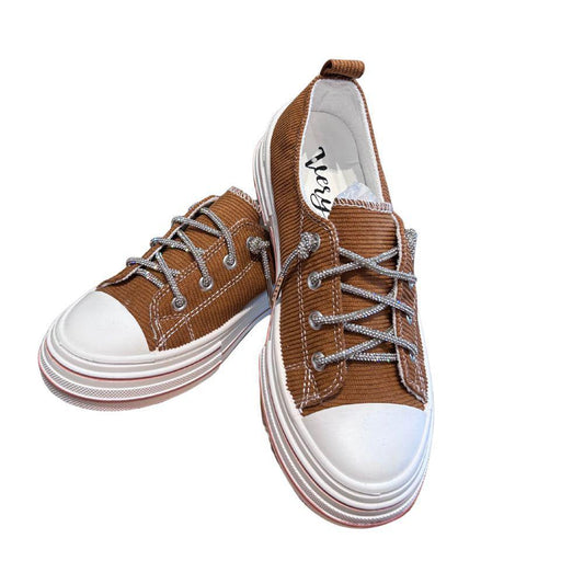 Tan Rose Corduroy Lace Up Canvas Sneaker