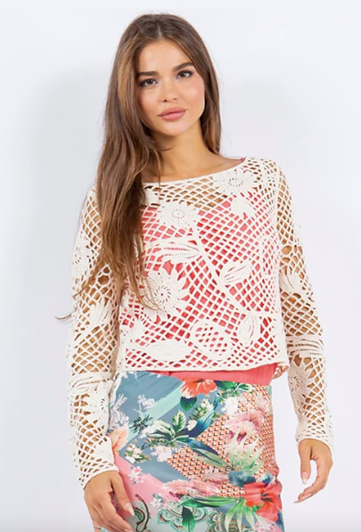White Crochet Floral Pattern Pull-Over Crop Top