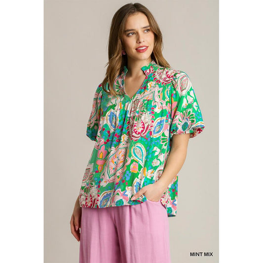 Michelle Mixed Print Pleated Top