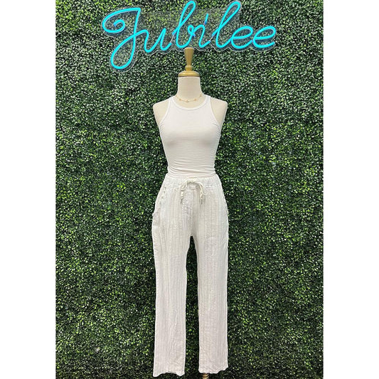 Sandra White Linen Stripe Gem Pants
