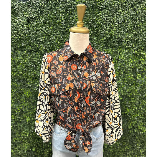 Leena Black Floral Mixed Pearl Snap Top