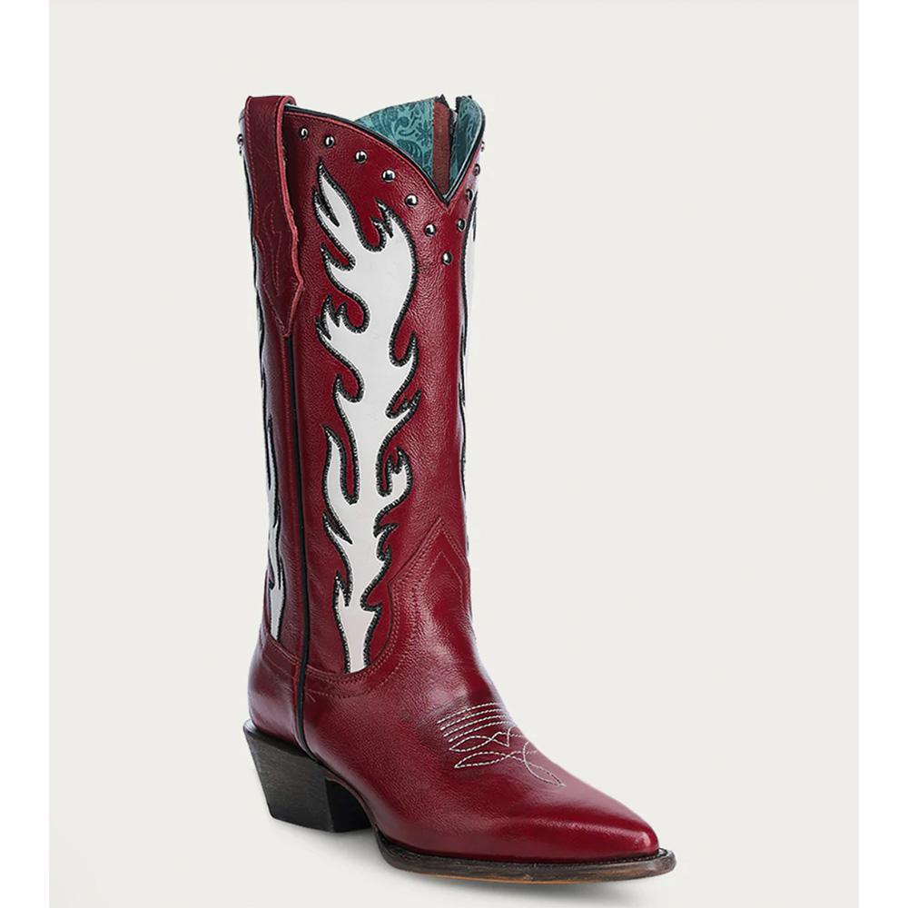 Red Embroidery and Studs White Overlay Pointed Toe Cowboy Boot A4623