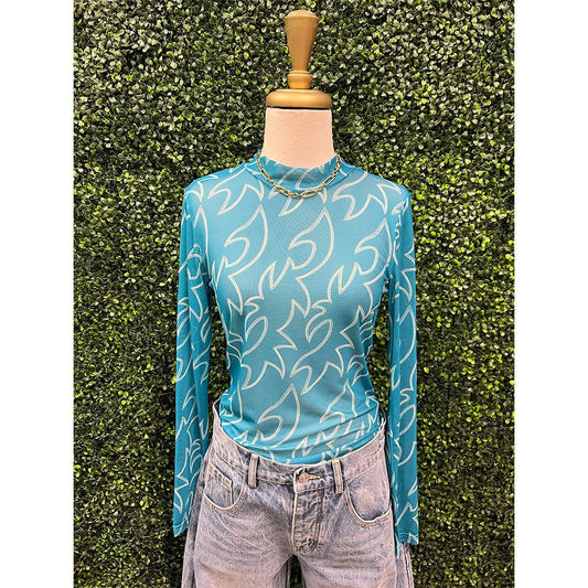 Turquoise Boots Stitch Mesh Mock Neck  Top