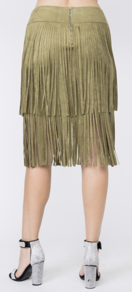 Olive Tiered Fringe Skirt