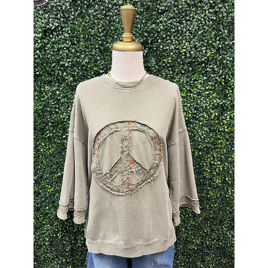 Faded Olive Floral Peace Sign Pullover