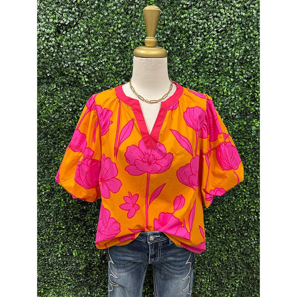 Casey Tangerine Floral Puff Sleeve Blouse