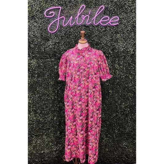 Magenta Floral Puff Sleeve Midi Dress