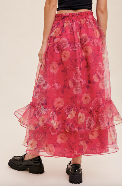 Pink Floral Print Organza Maxi Skirt