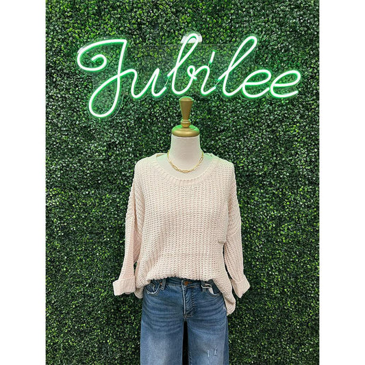 Beige Cuffed Sleeve Chenille Cable Knit Sweater