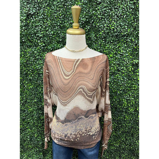 Brown Marble Print Knit Sweater Top