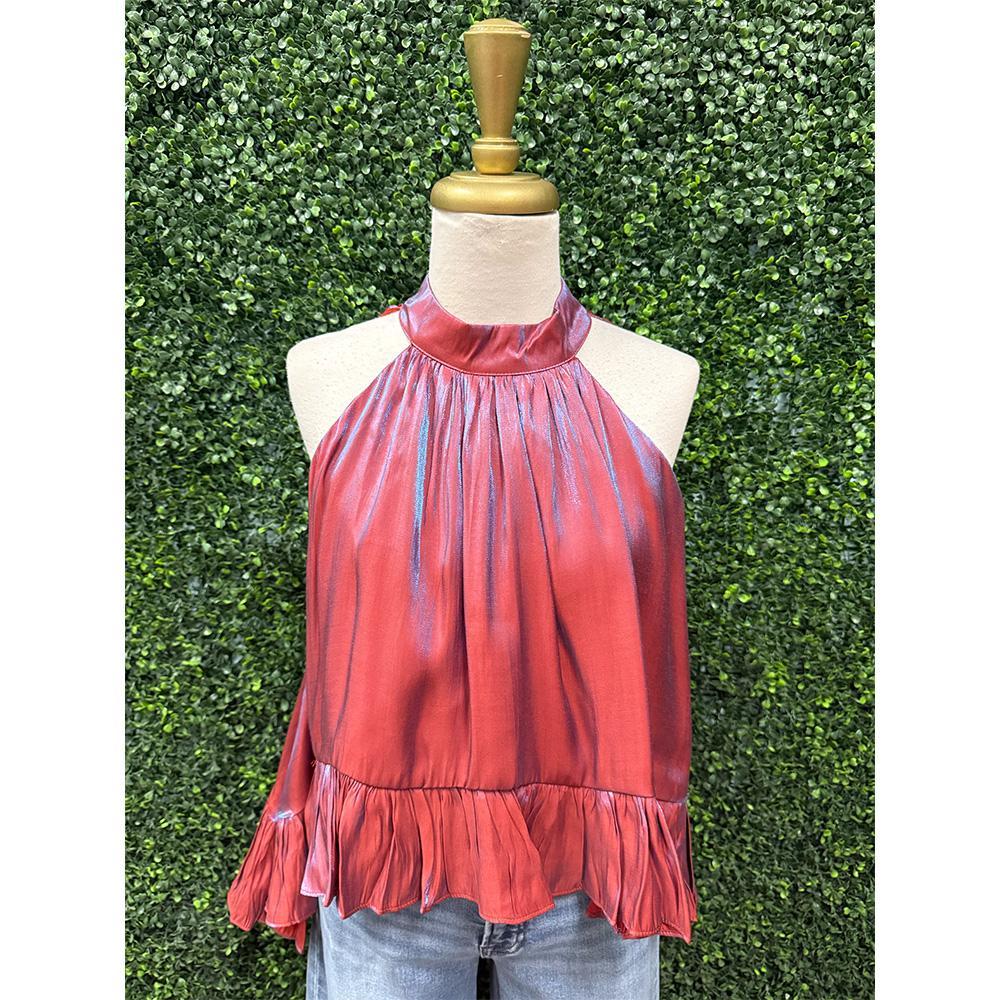 Hera Rust Metallic Ruffle Halter Top