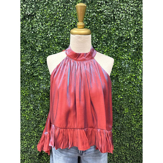 Hera Rust Metallic Ruffle Halter Top