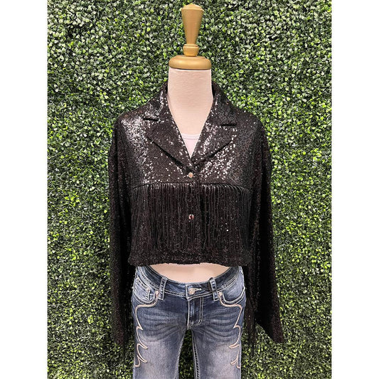 Black Lola Sequin Fringe Jacket