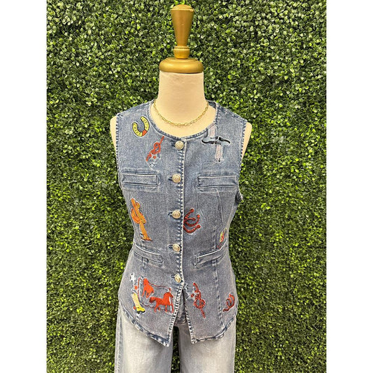 Denim Huntley Western Motif Vest