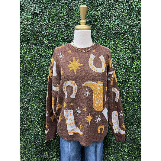 Brown Horseshoe Fuzzy Printed Long Sleeve Sweater