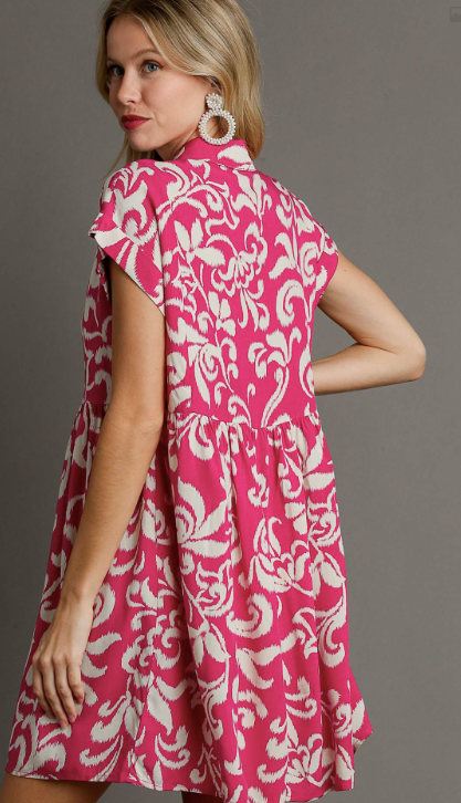 Two Tone Hot Pink Abstract Print Collared Baby Doll Dress
