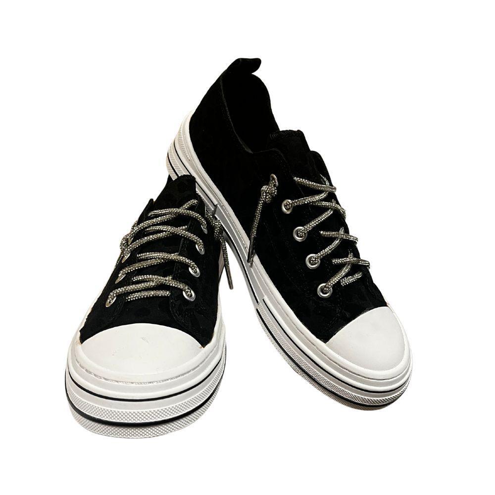 Black Leopard Suede Aman Glitter Lace Up Canvas Sneaker