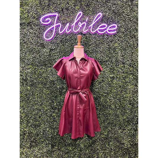 Burgundy Flutter Sleeve Pleather Short Dress