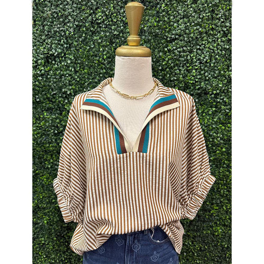 Nancy Camel Stripe High Neck Top