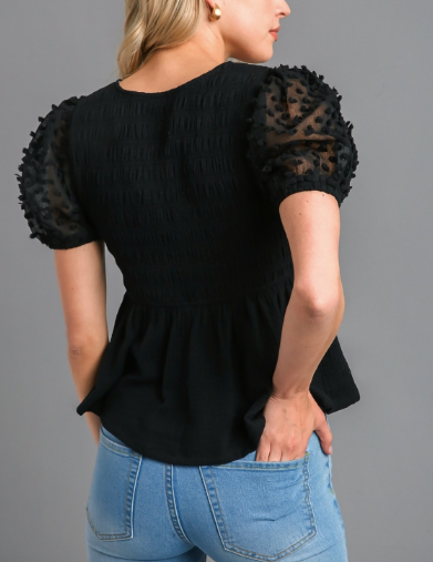 Black 3D Floral Puffed Sleeve Top