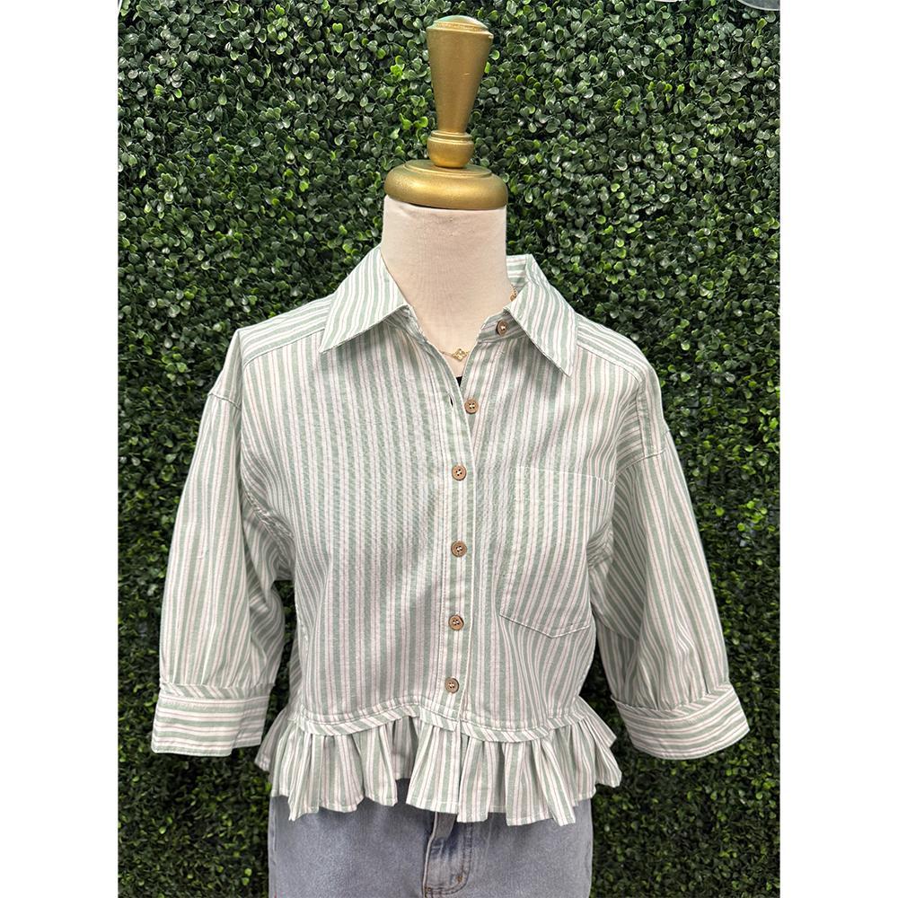 Apple Mint Striped Ruffle Hem Button Up Blouse