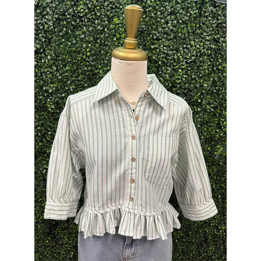 Apple Mint Striped Ruffle Hem Button Up Blouse