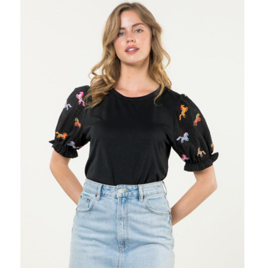 Black Horse Embroidered Puff Sleeve Top