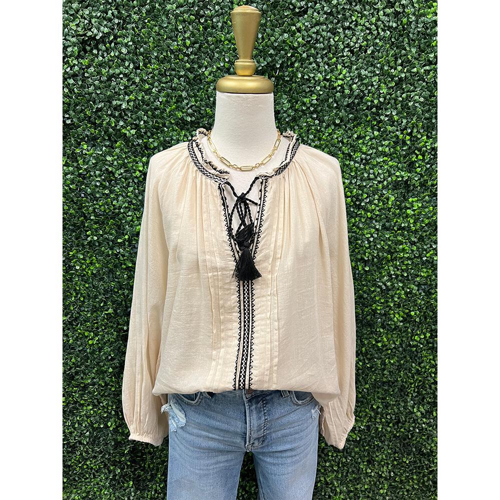 Natural Creme Embroidered Tassel Top