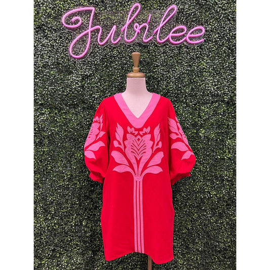 Sandi Red Baruque Floral Applique Shift Dress