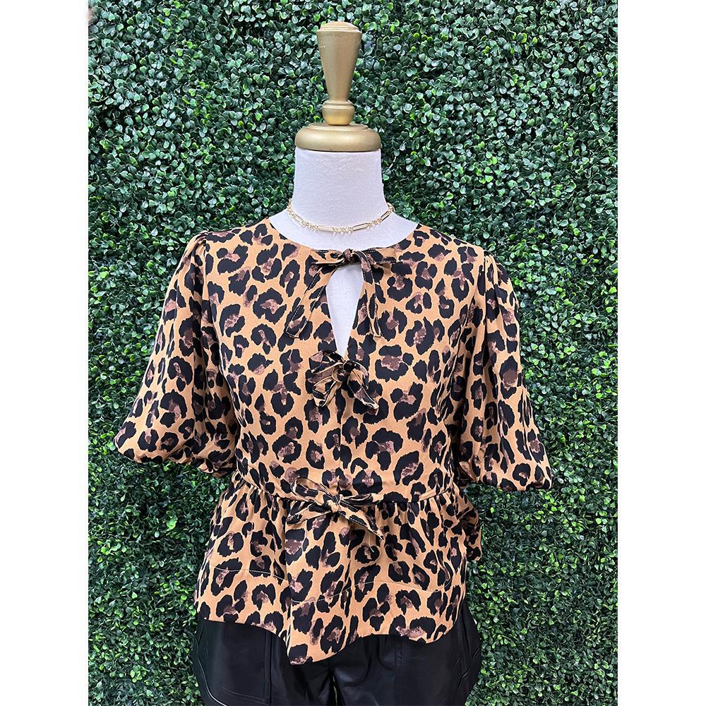 Leopard Print Bow Detail Peplum Top