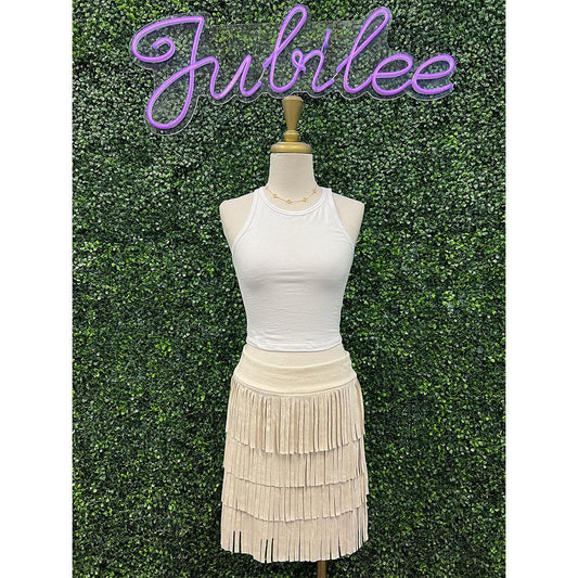 Bone Suede Fringe Skirt