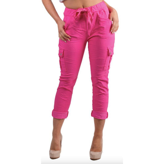 Hot Pink Cropped Tie Waist Cargo Pants