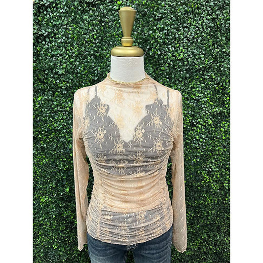 Nude Ruched Sheer Lace Top