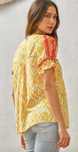 Marigold Aztec Print Embroidered Blouse