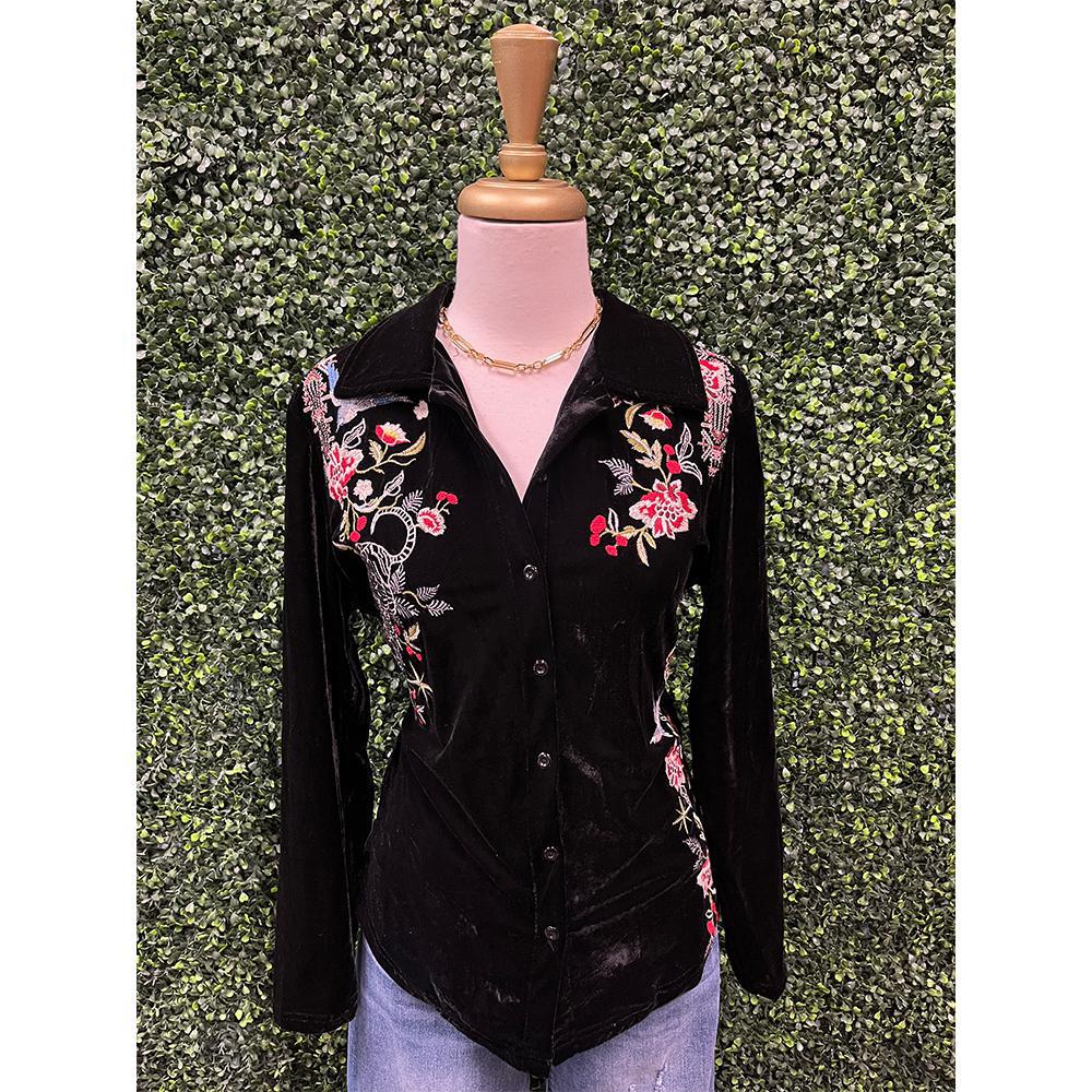 Black Velvet Embroidered Top