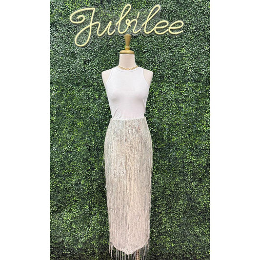 Trulia Silver Sequin Fringe Skirt