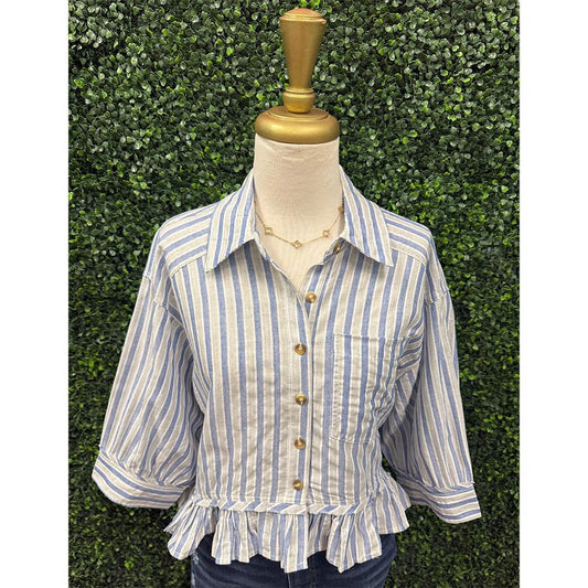 Blue Bell Striped Ruffle Hem Button Up Blouse
