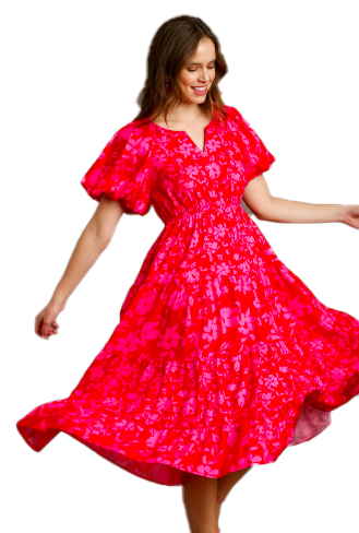 Ritzy Red Floral Puff Sleeve Dress