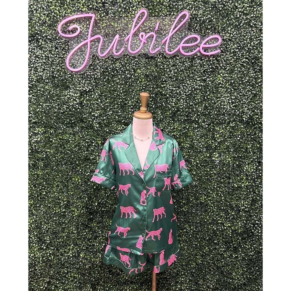Green Cheetah Silk Pajamas