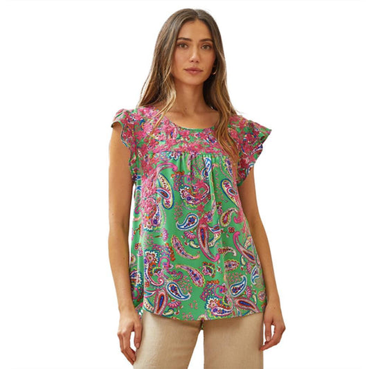 Chyna Fuchsia & Green Floral Embroidered Top