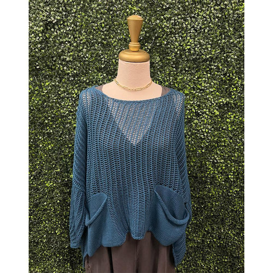 Teal Solid Crotchet Knit Top